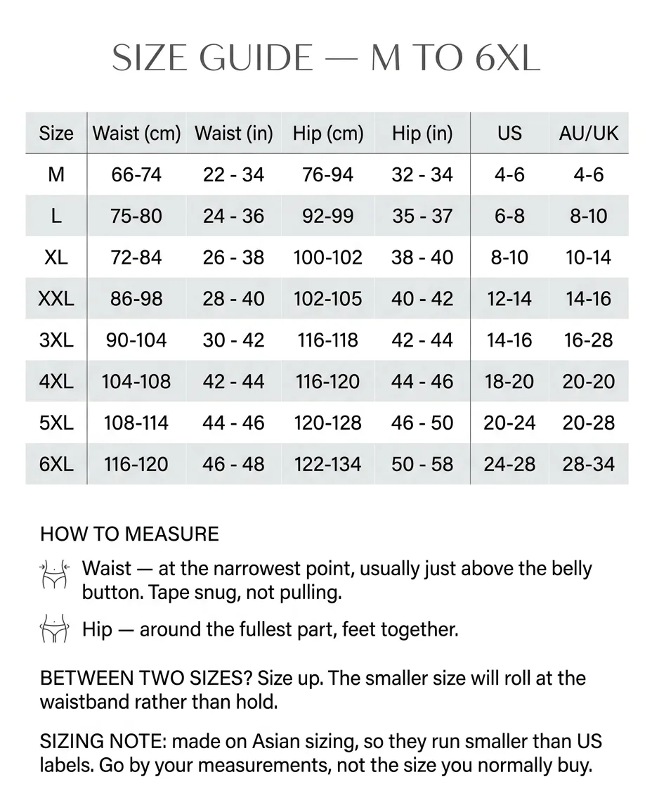 Solene displayed size guide from M through 6XL